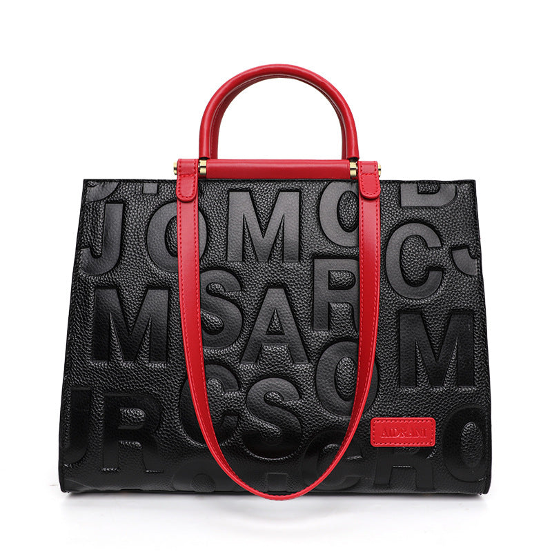 New Letter Tote Bag in Top Layer Cowhide, Large Capacity Commute Shoulder Crossbody Top Handle Purse, Stylish Handbag for Women
