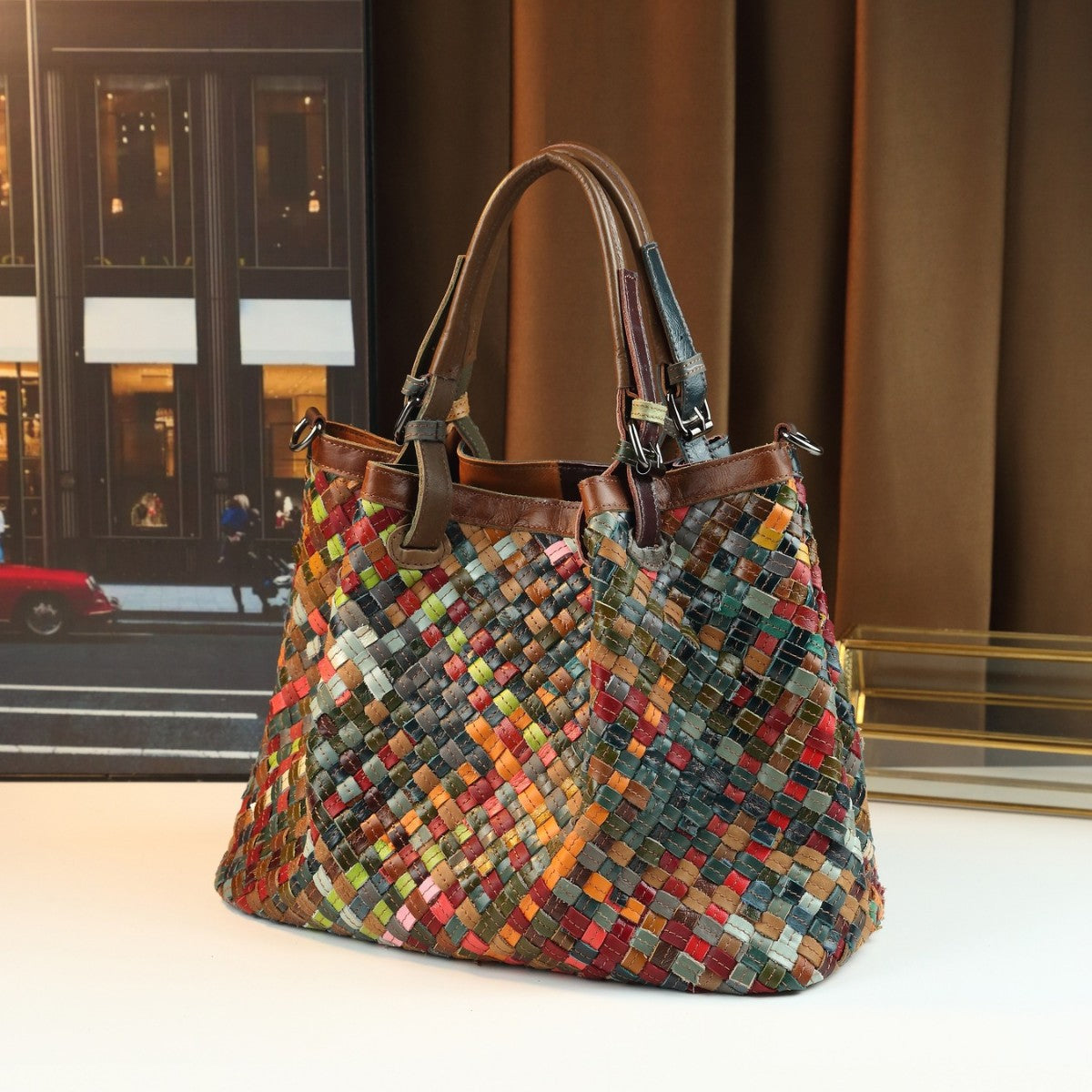 Genuine Leather Handwoven Colorful Patchwork Handbag for Women, Vintage Large Capacity Crossbody Purse, Casual Versatile Top Handle Shoulder Bag