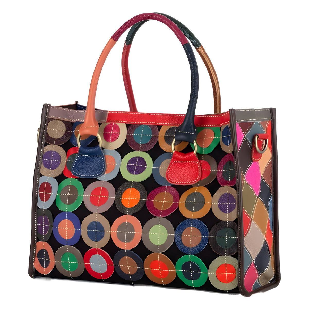 Premium Genuine Cowhide Leather Multi-Color Circular Patchwork Bag for Women | New Casual Color-Block Top-Handle Shoulder Handbag with Unique Artistic Design | Trendy Versatile Purse for Work, Errands, Travel & Everyday Chic | Statement Accessory wit