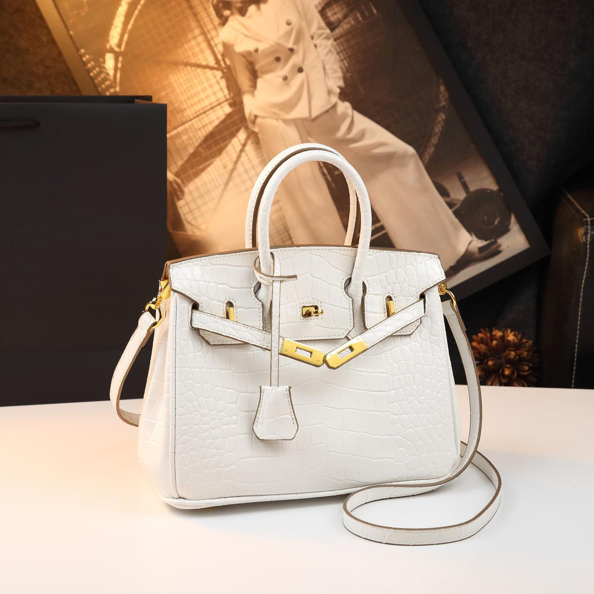 Chic Croc-Embossed Birkin-Inspired Tote Bag for Women, Premium Genuine Leather Shoulder Crossbody Top-Handle Handbag with Dopamine Bright Colorful Style, High-End Everyday Purse