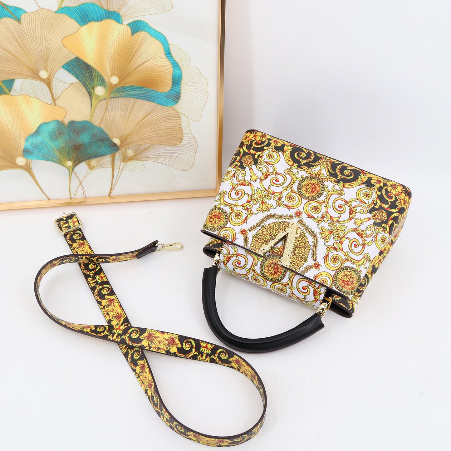 Genuine Leather Fashionable Printed Handbag, Top Handle Crossbody Purse for Ladies