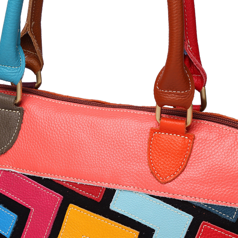 Genuine Cowhide Colorful Patchwork Handbag for Women, New Handmade Plaid Shoulder Top Handle Purse, Trendy Everyday Bag for Ladies