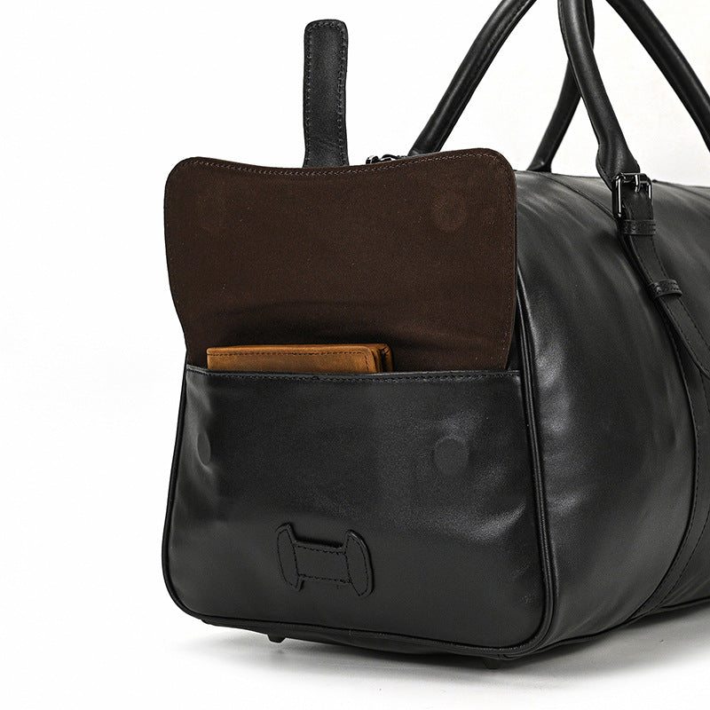 Black Genuine Leather Travel Duffle with Shoe Compartment, Top Layer Cowhide Cylindrical Gym Bag, Premium Top Handle Luggage for Men