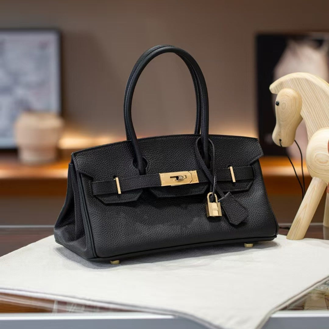 Genuine Togo Leather Birkin-Style Bag for Women, New Vintage Horizontal Top Handle Handbag, Premium Retro Purse for Ladies