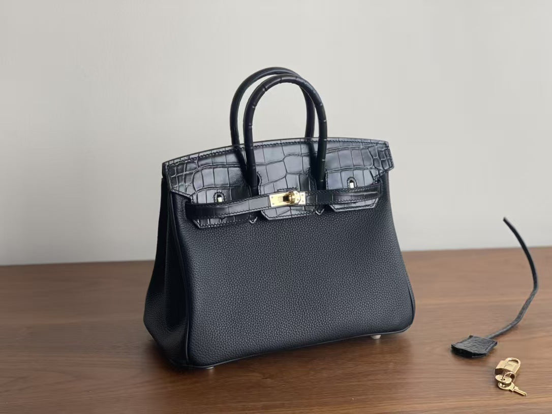 Women's Togo Leather Birkin-Style Tote Bag, Hermès-Inspired Crocodile-Embossed Top-Handle Handbag with Premium Top-Layer Cowhide, Luxe Spacious Satchel for Work & Travel, New Arrival