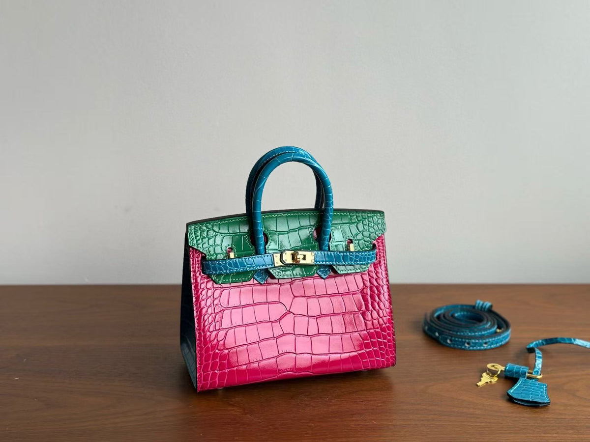 Genuine Top Layer Cowhide Matte Crocodile-Embossed Mini Birkin-Style Bag for Women, Semi-Handmade External Stitching Top Handle Purse, New Premium Handbag for Ladies