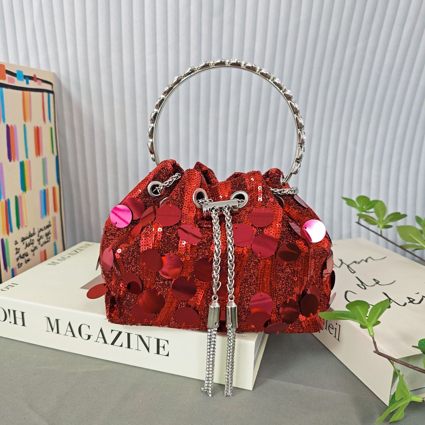 New Sequin Rhinestone Tassel Bucket Bag for Women, Sparkly Shoulder Crossbody Handbag, Evening Party Purse with Top Handle