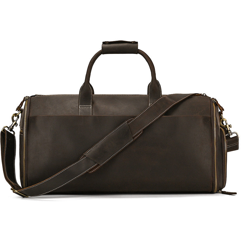 Multifunctional Crazy Horse Leather Travel Duffle, Foldable Suit Garment Bag with Wet-Dry Separation, Premium Gym Weekender for Men