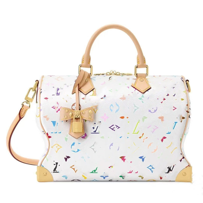 White Tricolor Speedy Style Travel Duffle Bag for Couples Large Capacity Pillow Handbag, Trendy Studded Carryall for Weekend Getaways