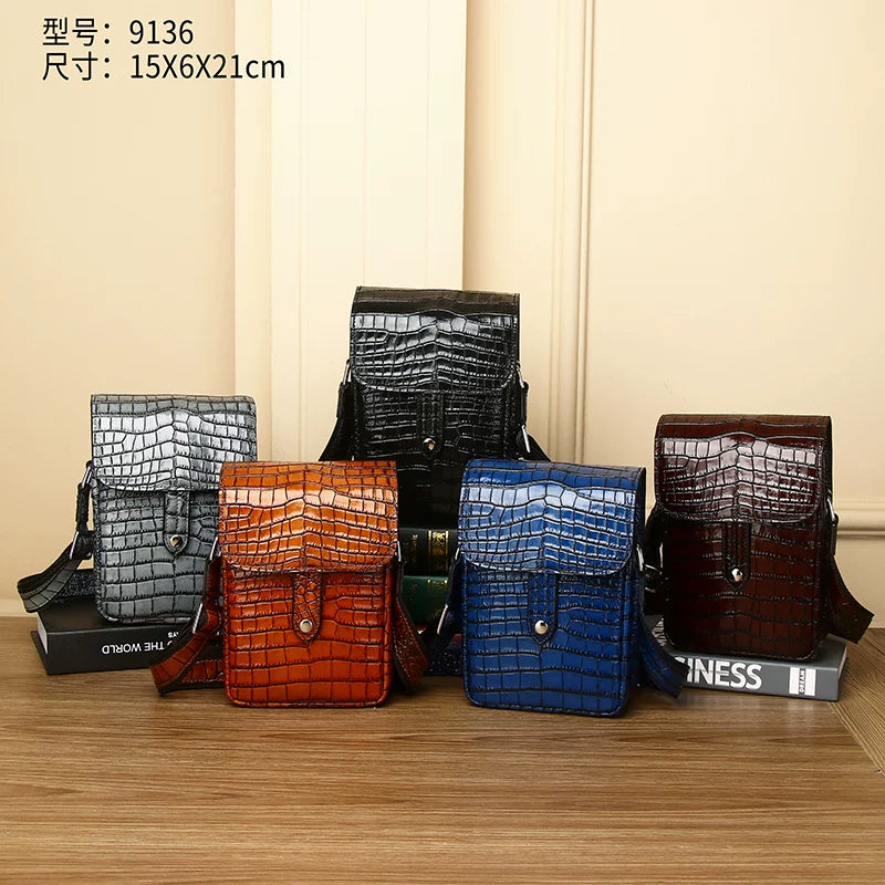 New Arrival Croc-Effect Genuine Leather Chest Bag for Men, A High-End Camera Shoulder Crossbody Phone Bag with Fashionable Design, Perfect for Daily Use