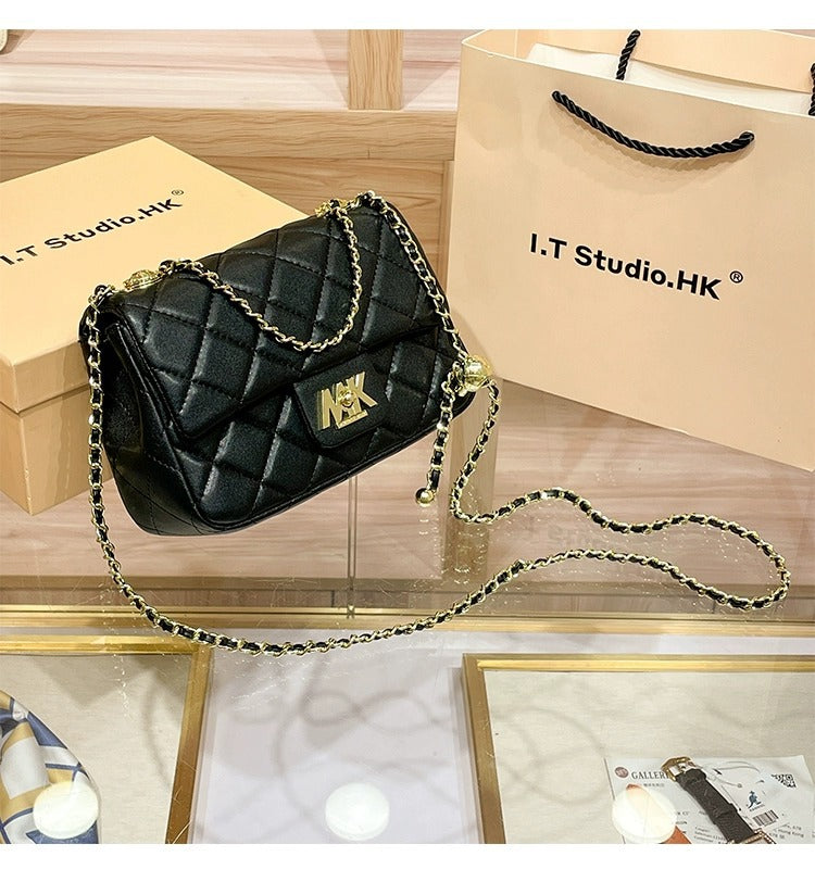 Genuine Leather Quilted Chain Crossbody Bag for Women, New Trendy Versatile Small Gold Ball Purse, Stylish Everyday Handbag for Ladies
