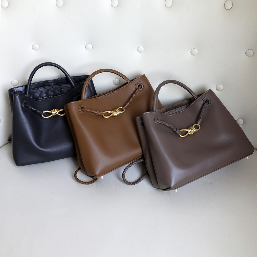 Metal Bow Tote Bag for Women Genuine Cowhide Leather Large Capacity Shoulder Handbag, Elegant Hardware Accent with Versatile Style