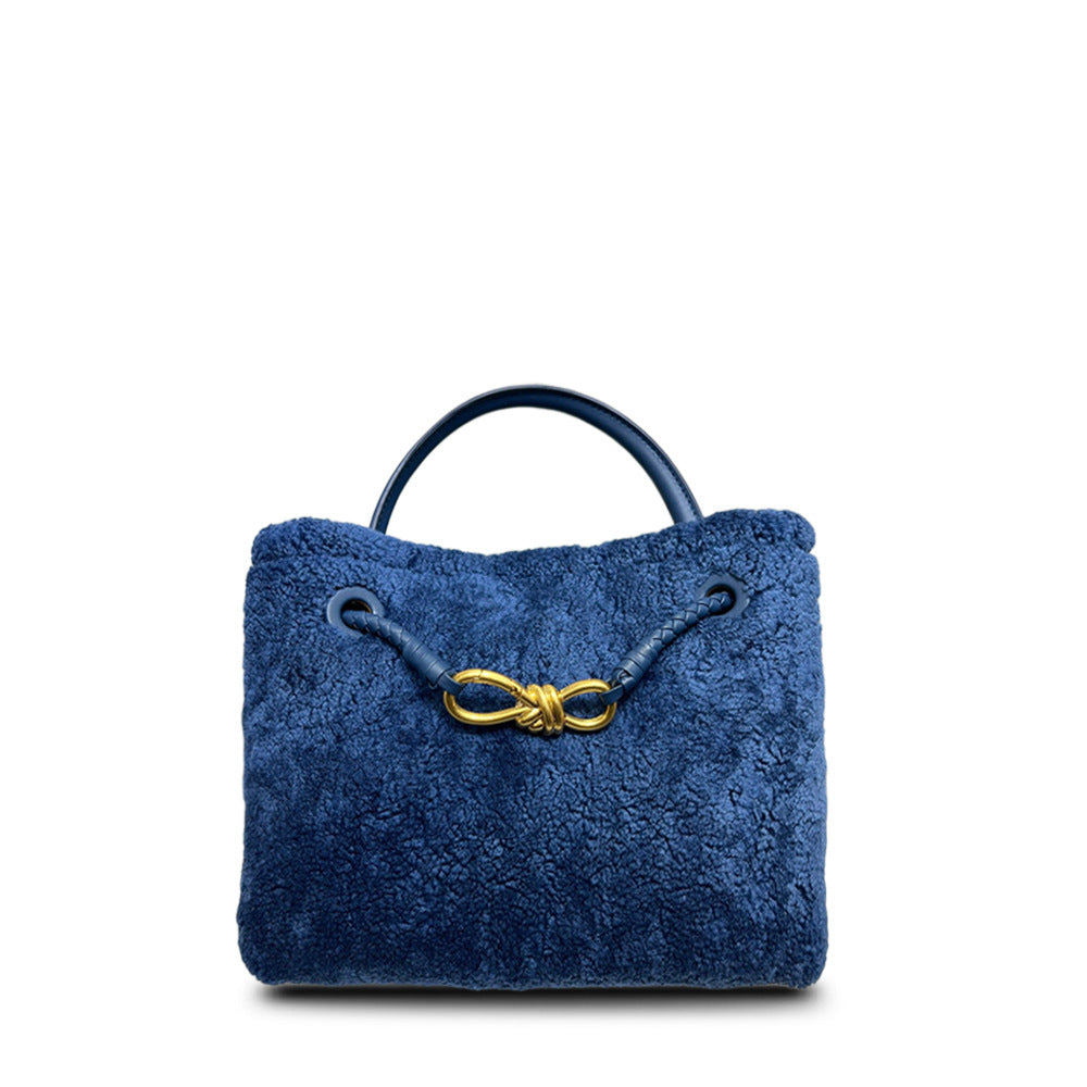 New Fall/Winter Lamb Wool Woven Tote with Metal Buckle, Vintage Large Commuter Shoulder & Crossbody Bag for Women