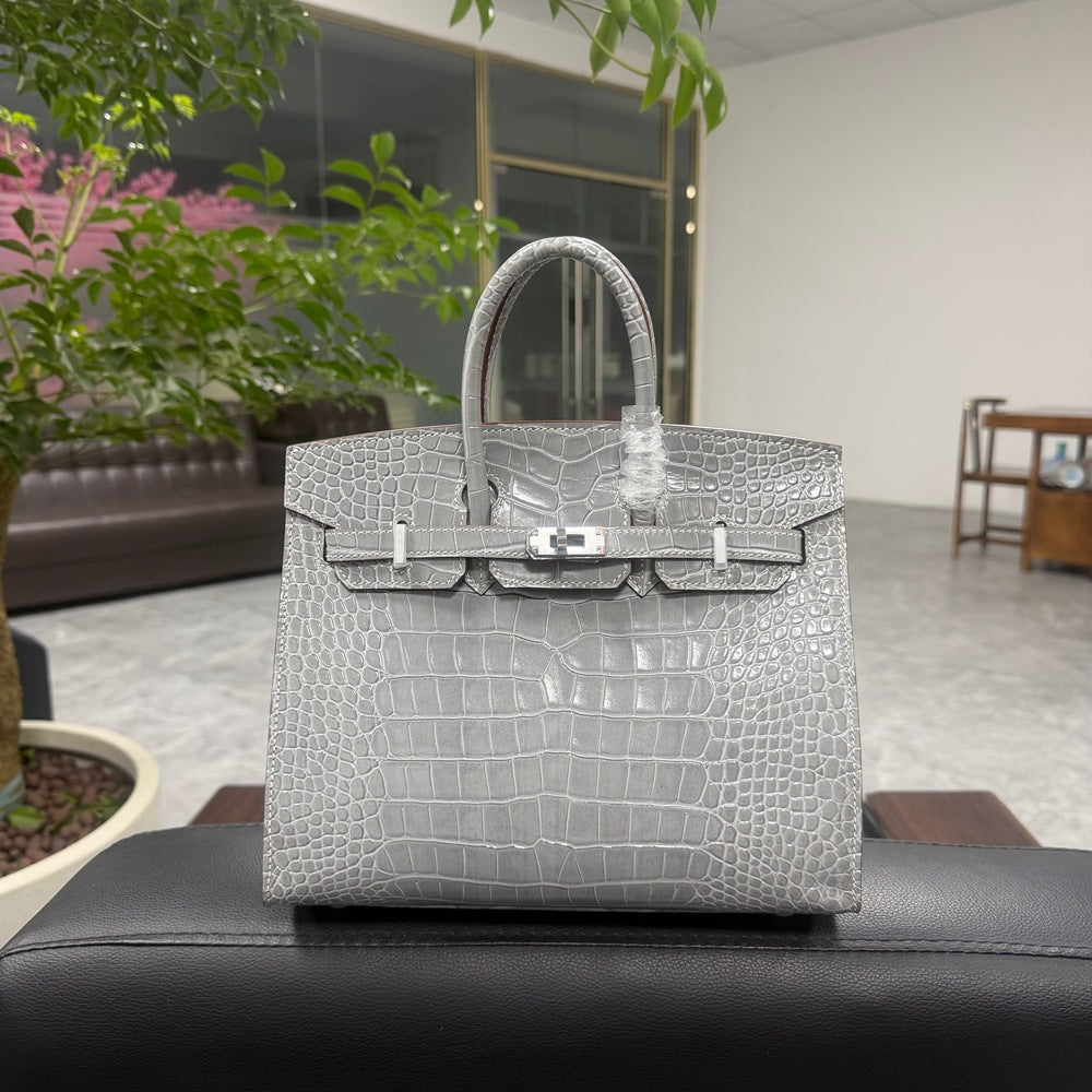 Genuine Top Layer Cowhide Crocodile-Embossed Birkin-Style 25 Bag for Women, External Stitching Hand-Stitched Waxed Thread with Steel Hardware, Lambskin Lining Handbag for Ladies