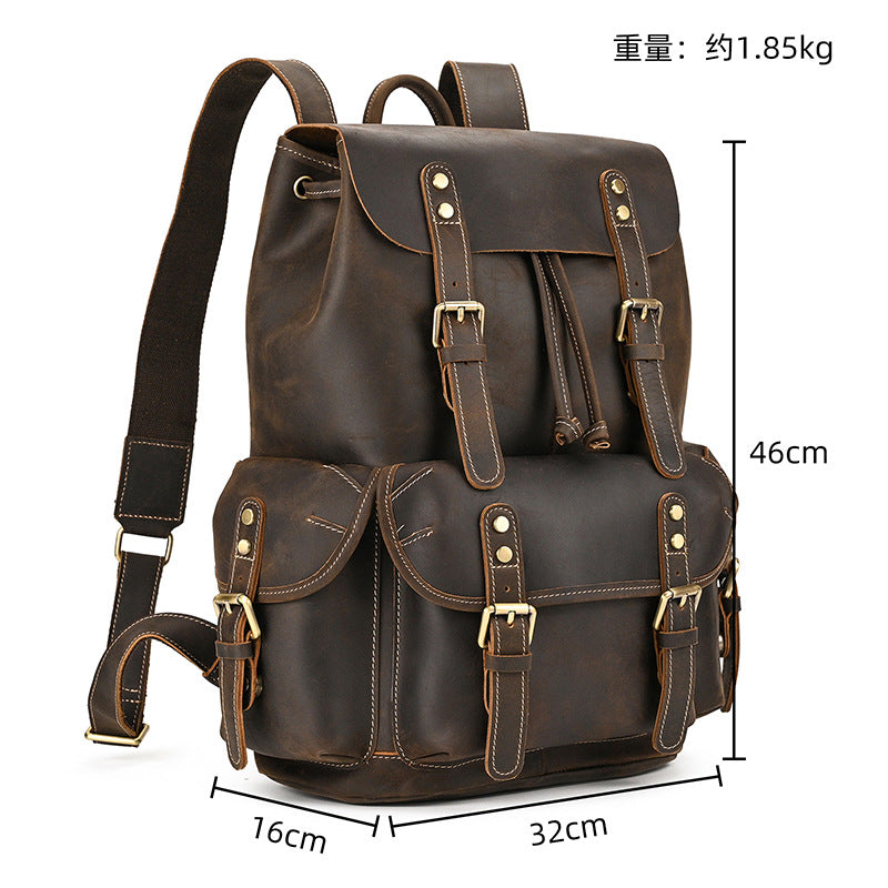 Large Capacity Crazy Horse Leather Flap Backpack, Original Outdoor Travel Daypack, Unique Top Layer Cowhide Rucksack for Men