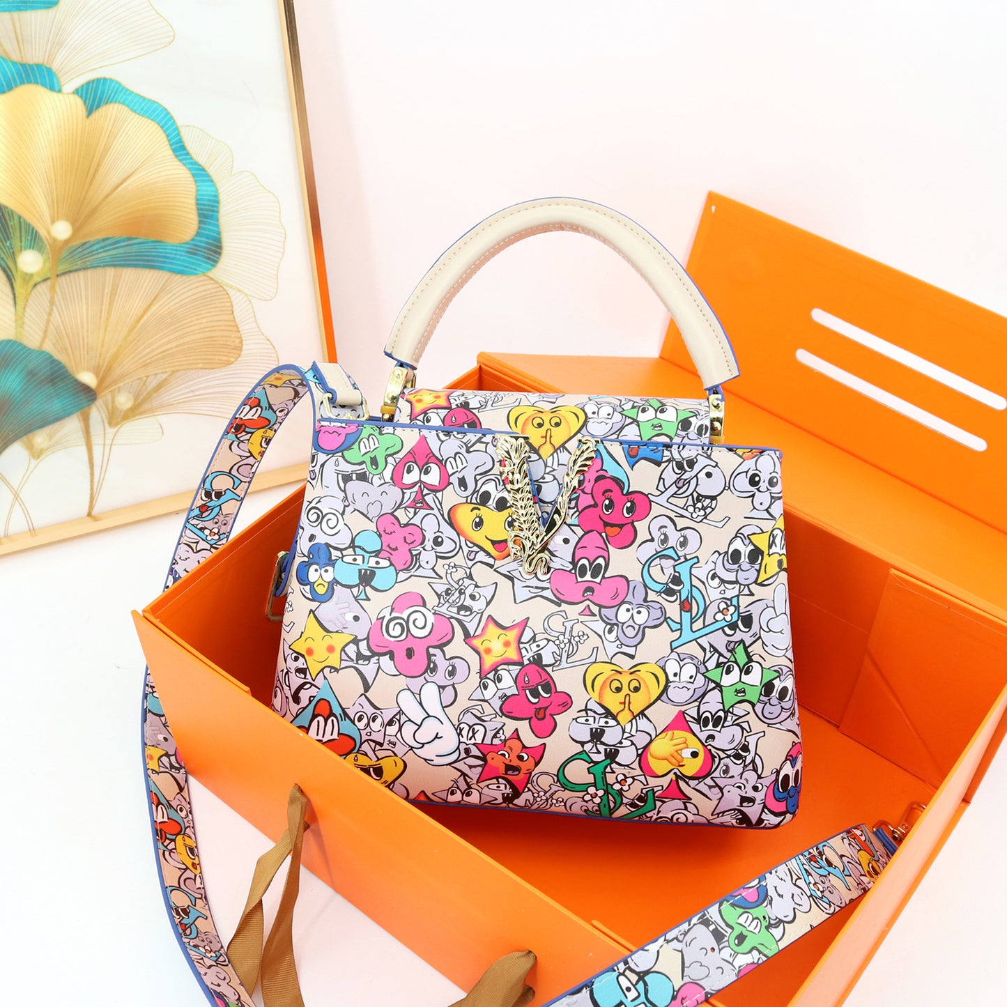 Genuine Leather Fashionable Printed Handbag, Top Handle Crossbody Purse for Ladies