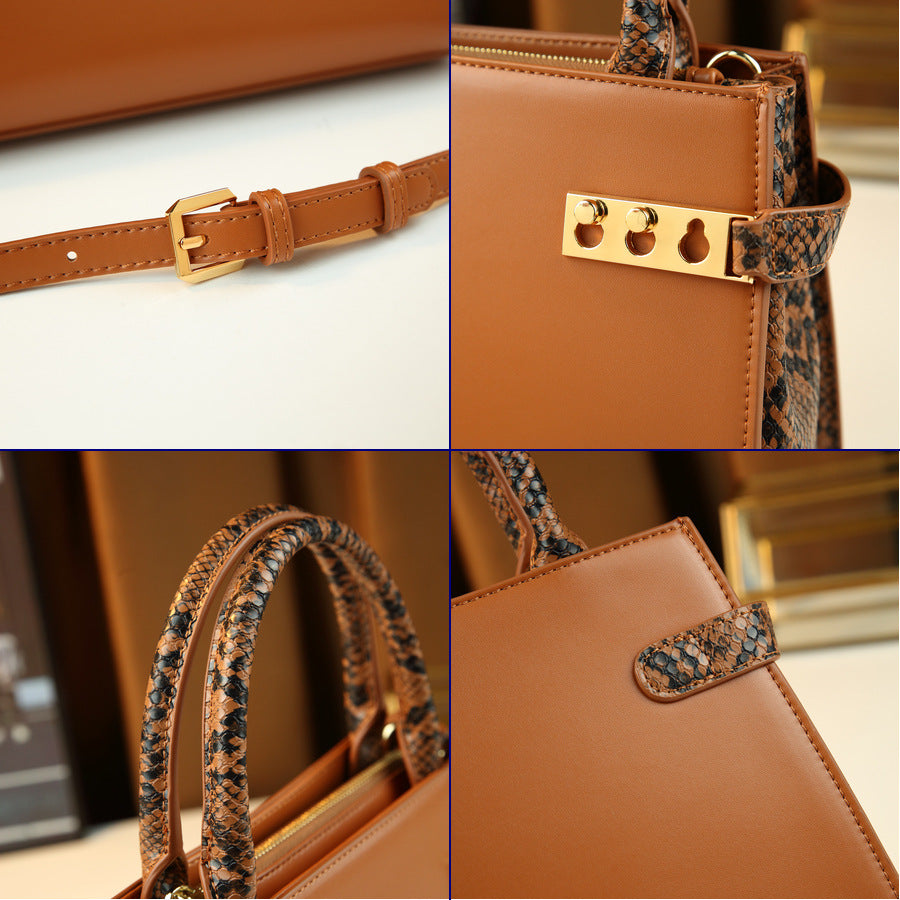 Snakeskin Mini Boston Bag for Women Vintage Lock Clasp Top Handle Shoulder Crossbody Purse, Trendy Exotic Texture Handbag with Creative Clasp Design