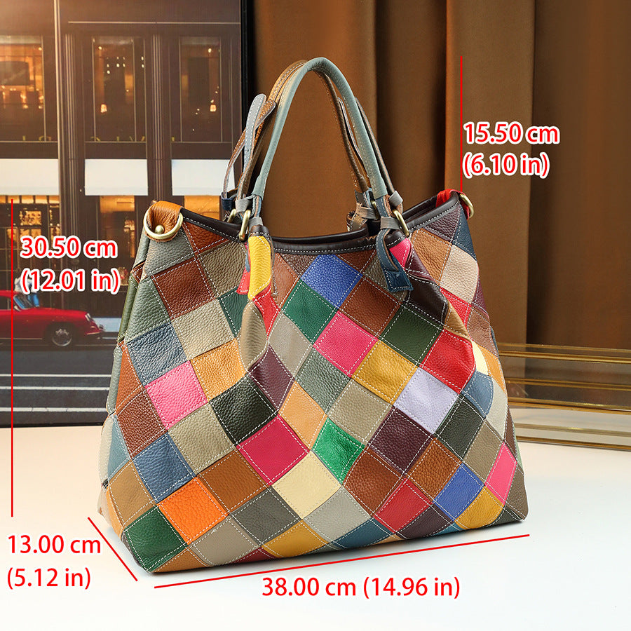 Iridescent Geometric Patchwork Tote Bag for Women Color-Block Genuine Leather Large Capacity Shoulder Crossbody Handbag with Artistic Design