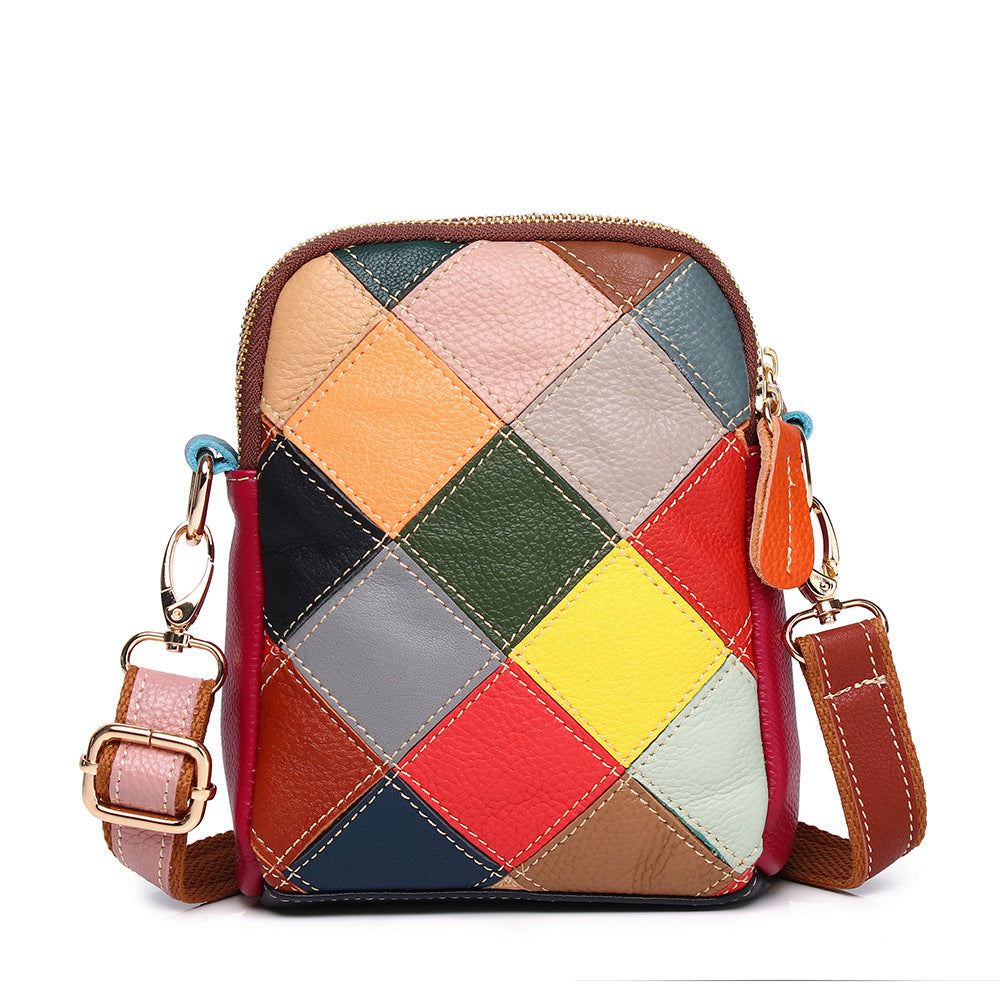 Genuine Top Layer Cowhide Colorful Patchwork Shell Bag for Women, Fashionable Fresh Sweet Casual Ethnic Shoulder Small Purse, Trendy Handbag for Ladies