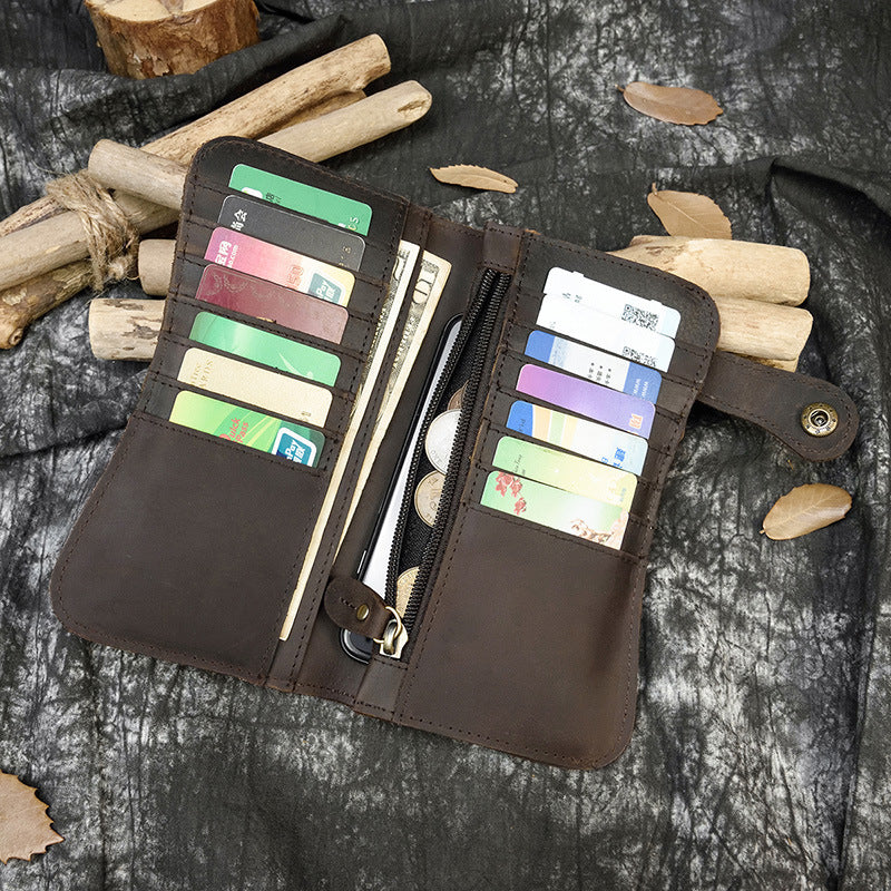 Crazy Horse Leather RFID Blocking Long Wallet for Men, Anti-Theft Chain Clutch, Secure Card Holder Money Bag for Gentlemen