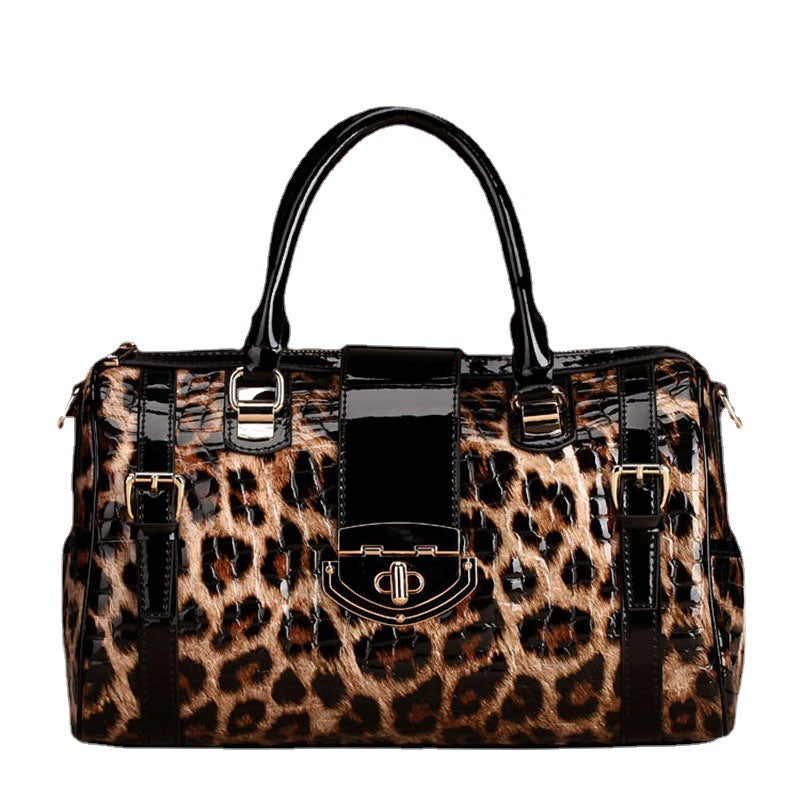New Leopard Print Genuine Cowhide Leather Boston Bag, Large Capacity Top Handle Shoulder Purse, Stylish Handbag for Women