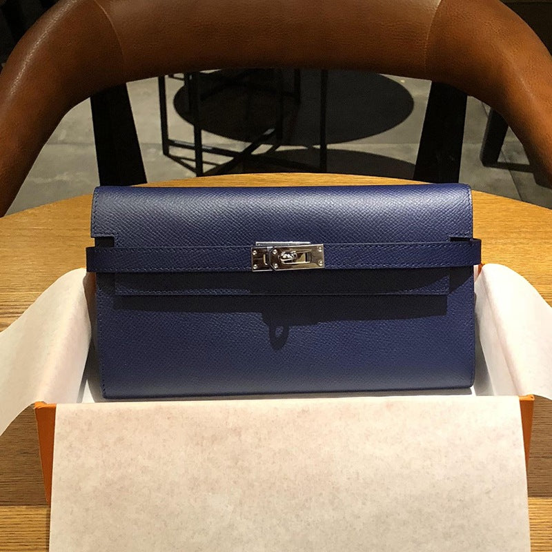 Genuine Togo Leather Long Wallet Clutch for Women, Hermès-Inspired Kelly-Style Money Holder, Premium Epsom Leather Phone Bag for Ladies