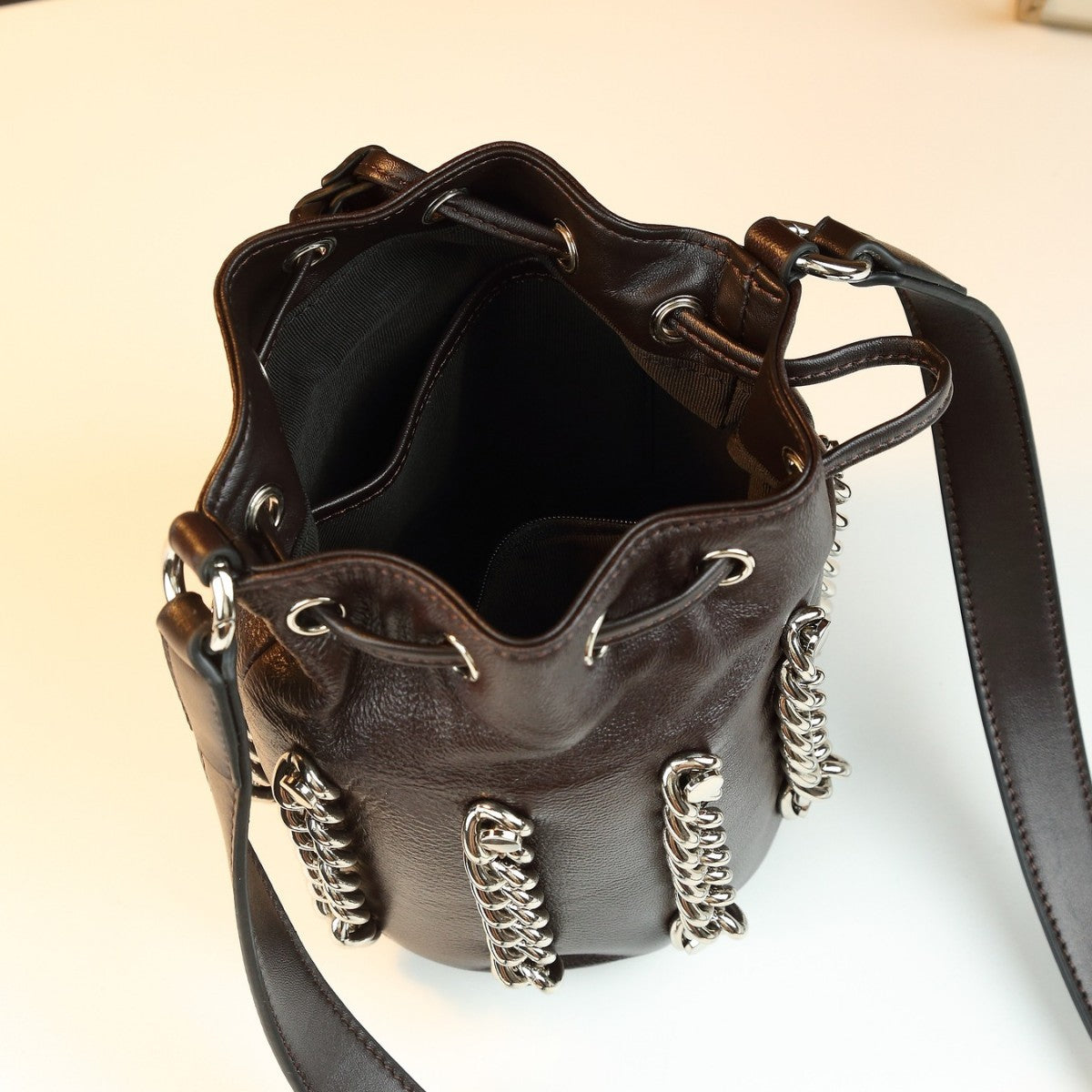 Top Layer Cowhide Drawstring Bucket Bag for Women Chain Shoulder Crossbody Handbag, Trendy Versatile Purse with Small Cylinder Silhouette