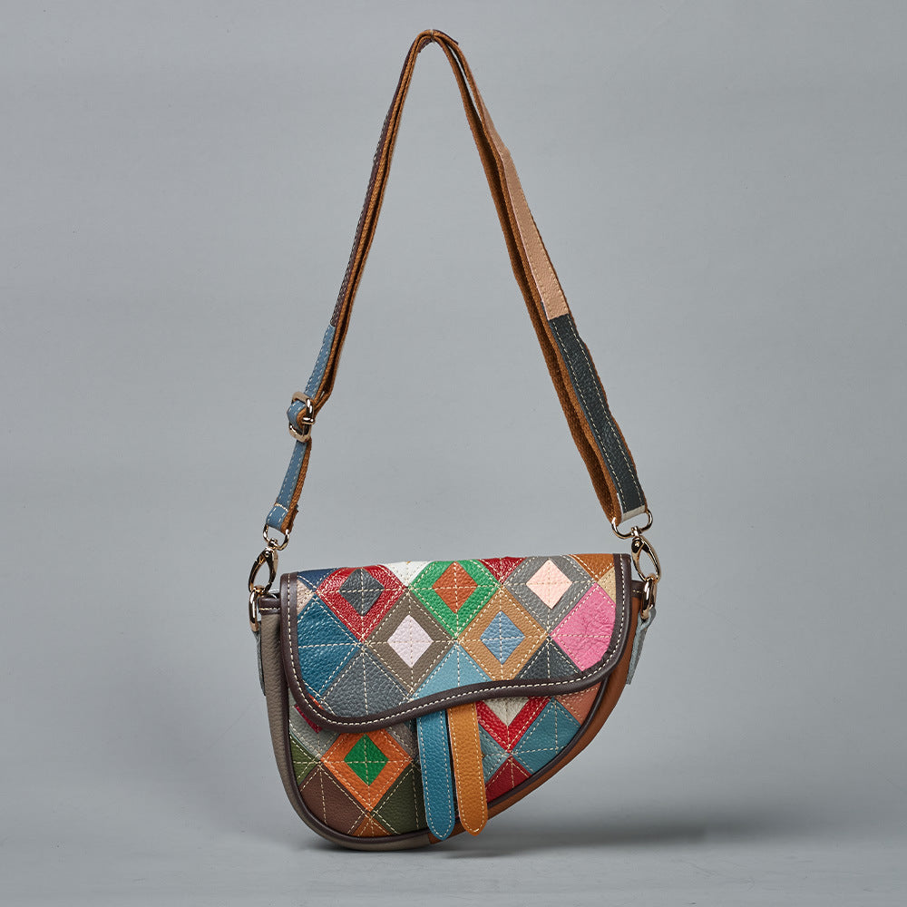 Genuine Cowhide Color Block Diamond Quilted Handbag for Women, Handmade Small Crossbody Shoulder Purse, Trendy Casual Bag for Ladies