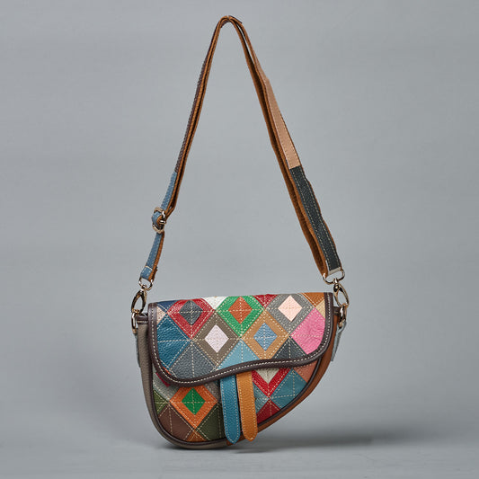 Genuine Cowhide Color Block Diamond Quilted Handbag for Women, Handmade Small Crossbody Shoulder Purse, Trendy Casual Bag for Ladies