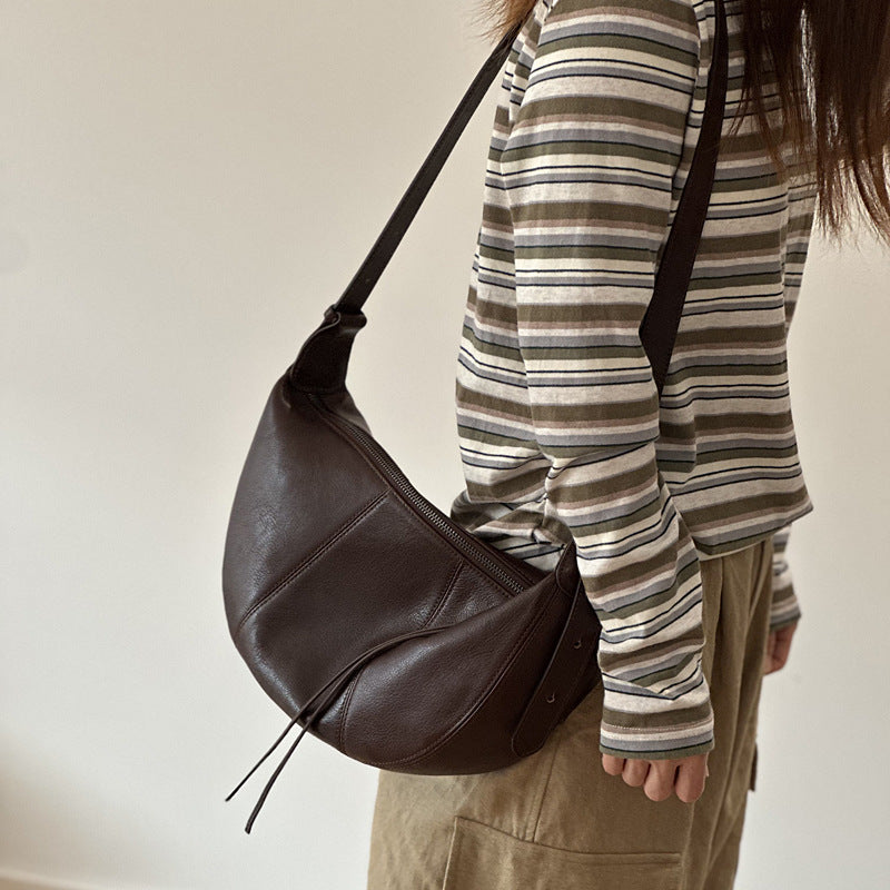 Genuine Top Layer Cowhide Saddle Bag for Women, New Casual Crescent Crossbody Shoulder Purse, Premium Leather Handbag for Ladies