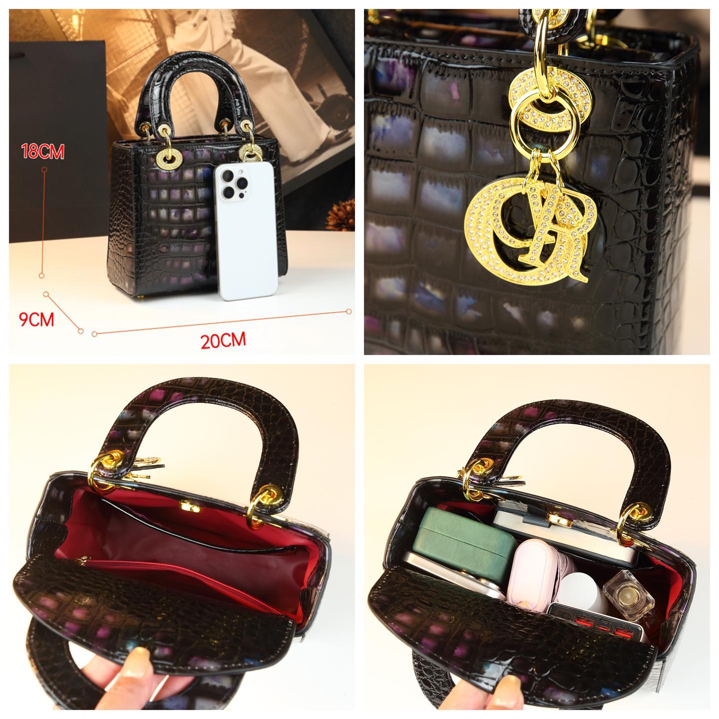 New Arrival Croc-Effect Lady-Inspired Small Square Bag for Women, A Genuine Leather Shoulder Crossbody Top-Handle Handbag with Premium Design