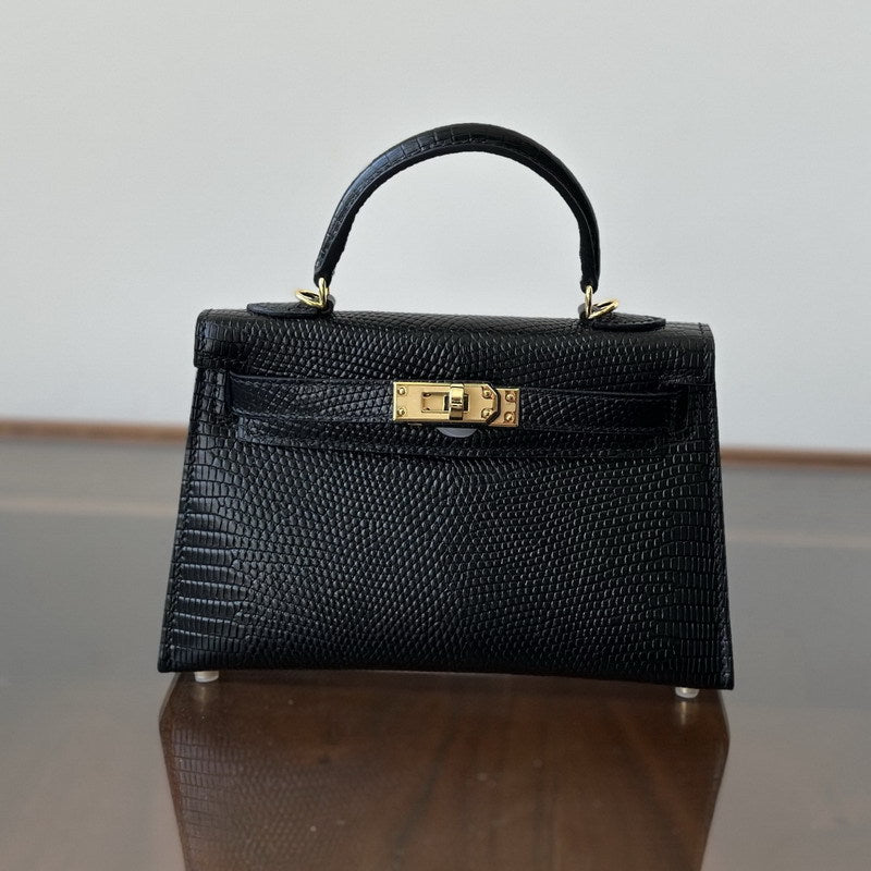 Genuine Leather Lizard-Embossed 2nd Gen Kelly-Style 19cm Bag for Women, Small Square Crossbody Shoulder Top Handle Purse, Trendy Handbag for Ladies