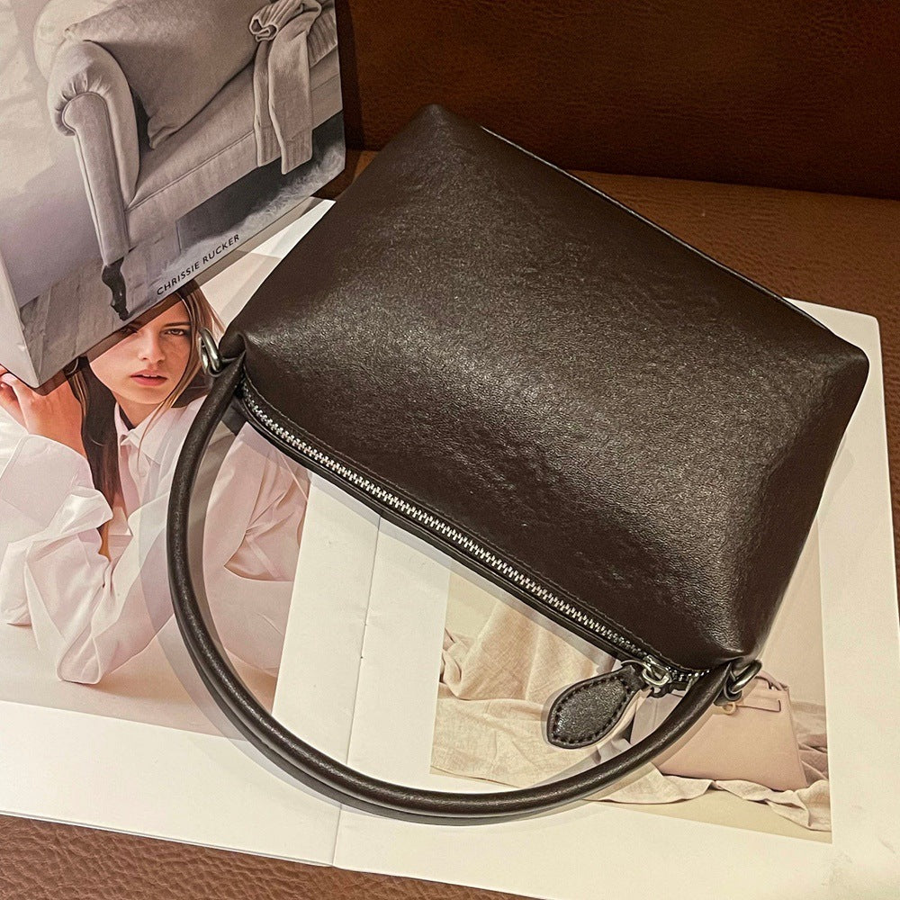 Genuine Top Layer Vegetable-Tanned Cowhide Boston Pillow Bag for Women, New Vintage Top Handle Crossbody Purse, Premium Leather Handbag for Ladies