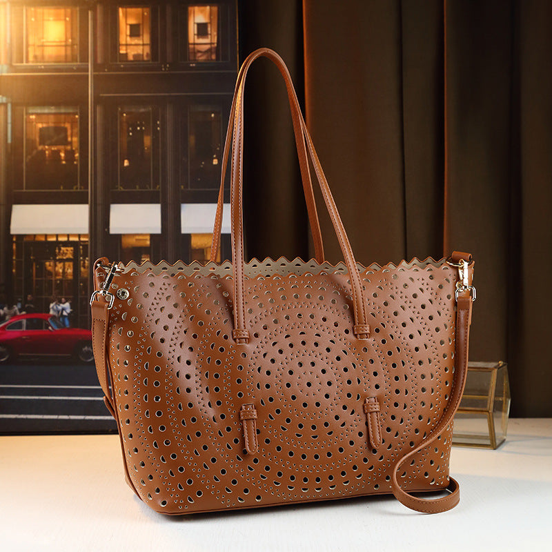 Laser Perforated Letter Tote Bag for Women Vintage Large Capacity Shoulder Crossbody Handbag, Artistic Hollow Carved Design with Versatile Style
