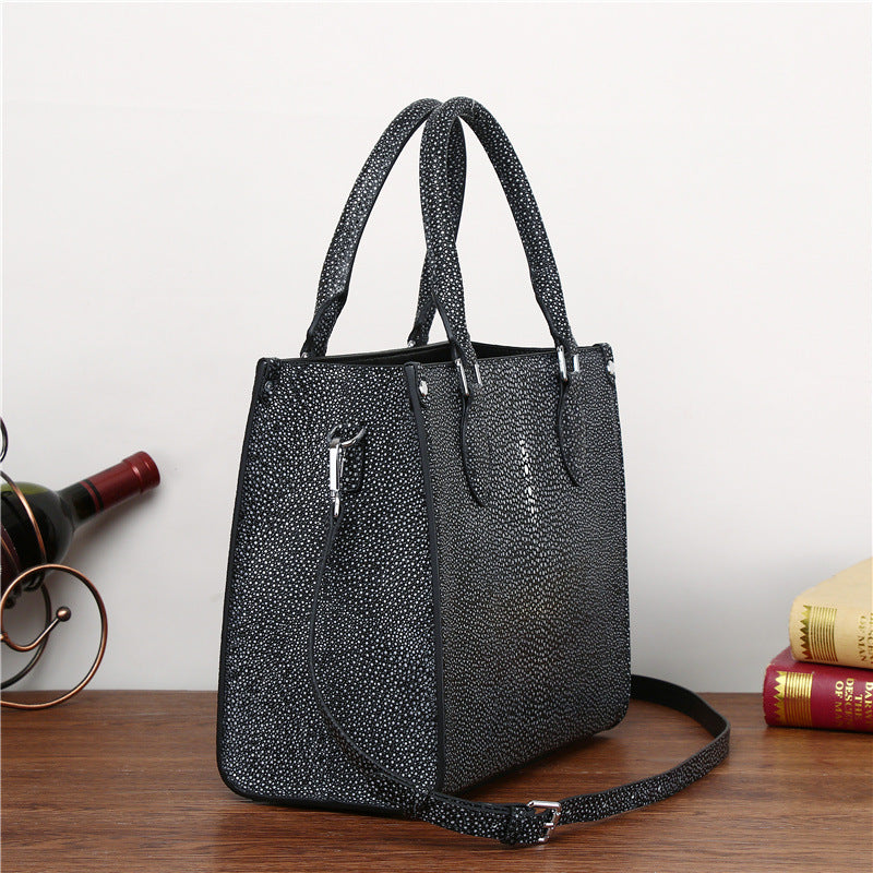 Genuine Leather Pearl Fish Skin Embossed Tote Bag for Women Large Capacity Structured Handbag, Trendy Shoulder Mommy Bag with Premium Texture