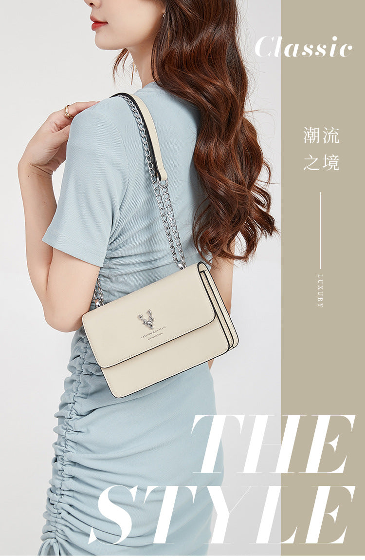 Genuine Leather Deer Head Design Small Square Crossbody Bag for Women, New Summer Chain Shoulder Purse, Versatile Fashion Handbag for Ladies