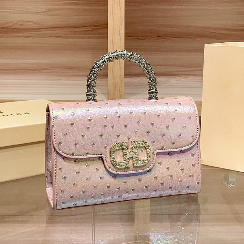 Premium Rhinestone Ostrich-Embossed Genuine Leather Bag, Fashionable Shoulder Crossbody Top Handle Purse, Chic Handbag for Women