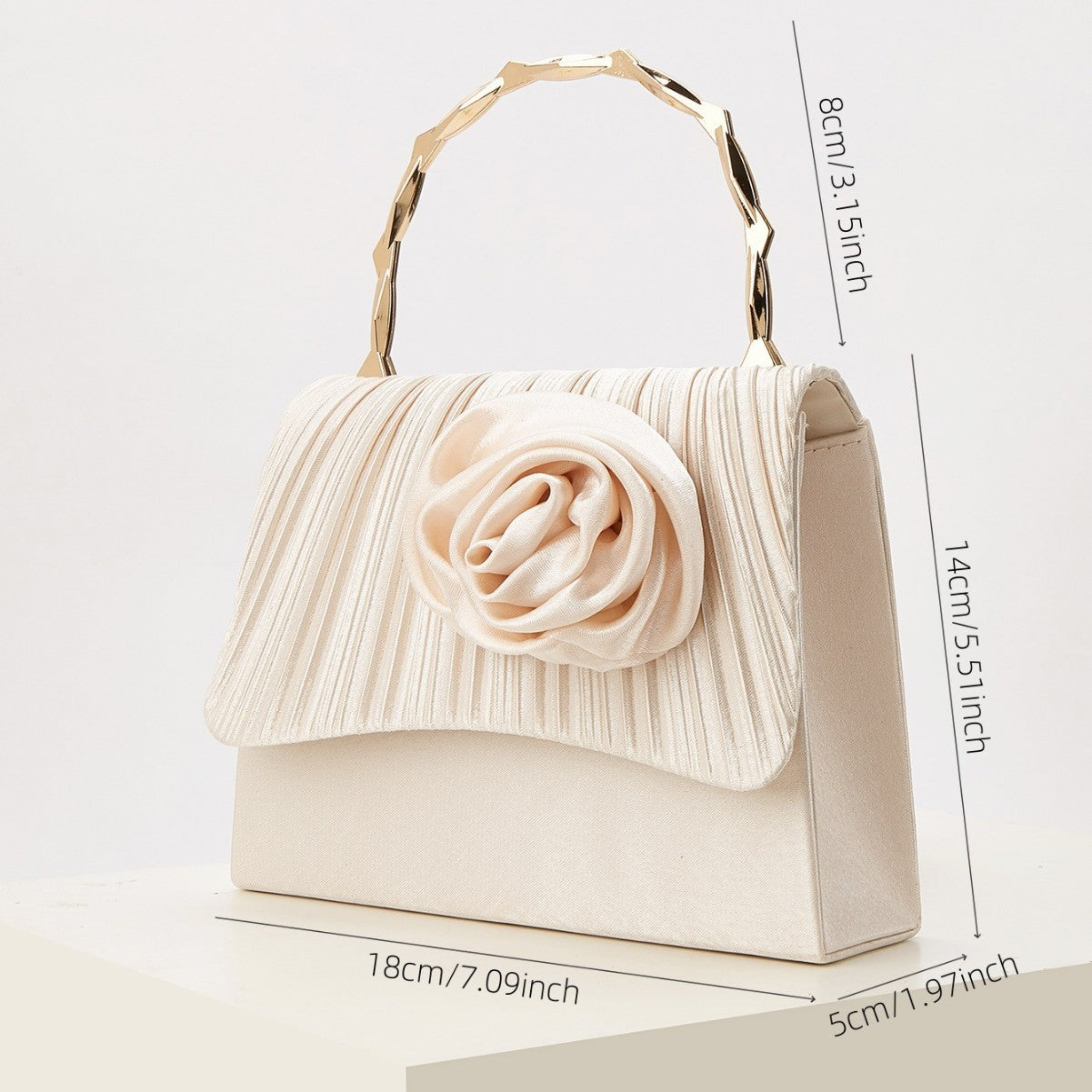French Style Light Luxury Evening Clutch for Women, New Pleated Satin Floral Gold Bamboo Handle Top Handle Bag, Elegant Gown Party Purse for Ladies