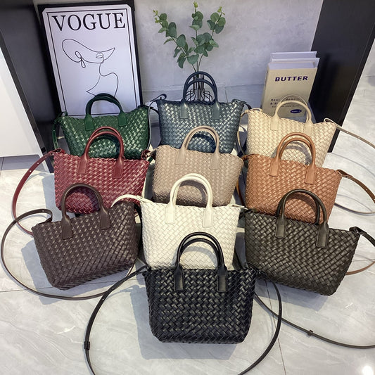 Woven Leather Basket Tote, Niche Best-Selling Handbag, Versatile Shoulder & Crossbody Bag for Women