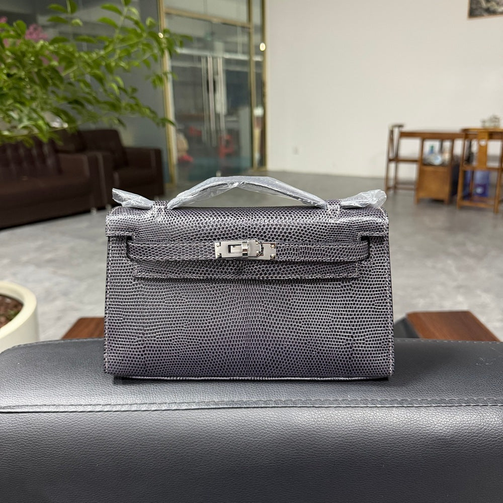 Genuine Top Layer Cowhide Lizard-Embossed Kelly-Style 22H Bag for Women, Hand-Stitched Waxed Thread with Lambskin Lining, Full Steel Hardware Square Purse for Ladies