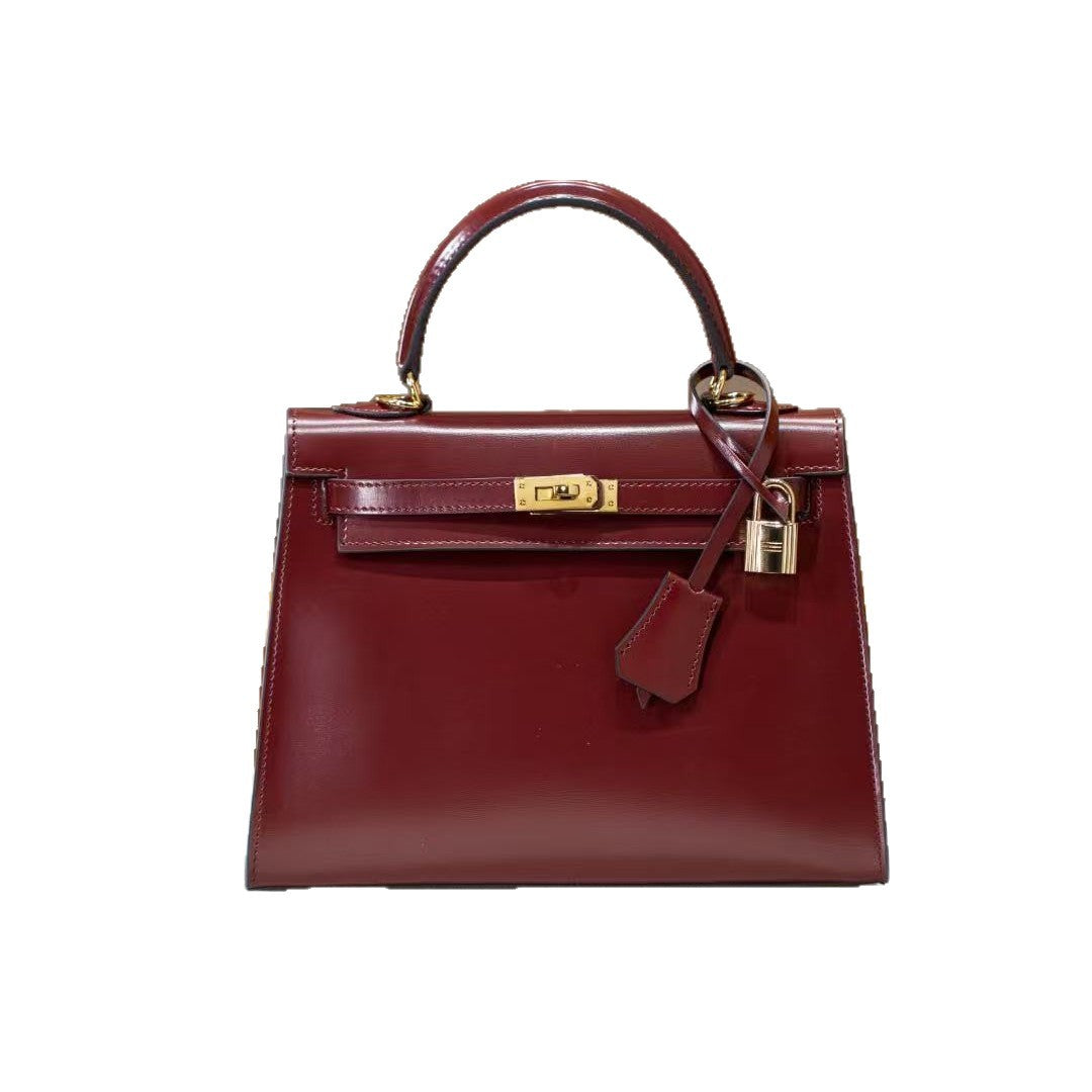 Women's Kelly-Style Box Calfskin Leather Handbag, Hermès-Inspired Glossy Finish Top-Handle Tote, Large-Capacity Shoulder & Cross-Body Purse for Work, Commute & Travel