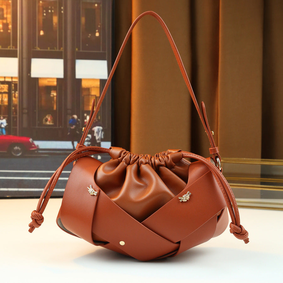 Drawstring Woven Bucket Cloud Bag for Women Light Luxury Shoulder Crossbody Handbag, Pleated Purse with Multi-Color Versatile Design