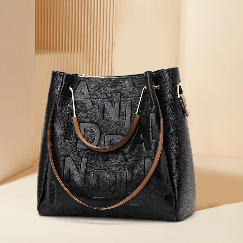 Genuine Leather Large Capacity Bucket Bag for Women, New Trendy Shoulder Crossbody Top Handle Purse, Letter Design Handbag for Ladies