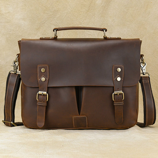 14-Inch Vintage Crazy Horse Leather Laptop Briefcase, Top Handle Shoulder Crossbody Commute Bag, Premium Cowhide Work Bag for Men