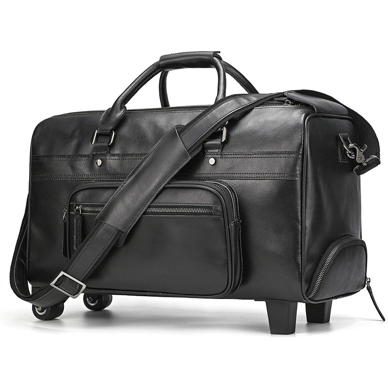Black Genuine Leather Rolling Business Travel Duffle, Large Capacity Suitcase Luggage with Top Handle, Perfect Weekender for Men and Women