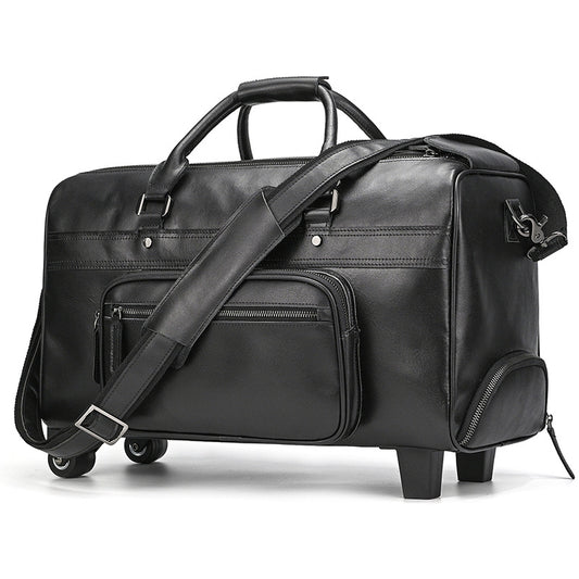 Black Genuine Leather Rolling Business Travel Duffle, Large Capacity Suitcase Luggage with Top Handle, Perfect Weekender for Men and Women