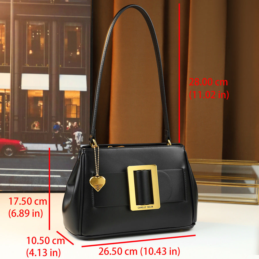 Vintage Metal Square Buckle Underarm Bag for Women with Heart Charm, Premium Shoulder Crossbody Purse with Versatile Commuter Style