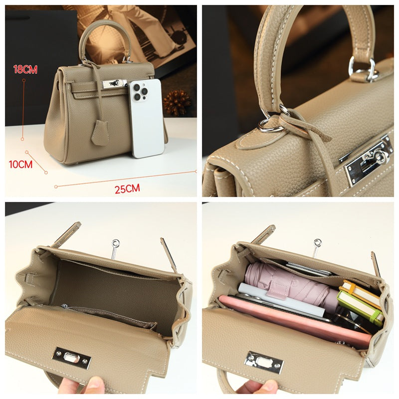 Genuine Leather Kelly-Style Large Capacity Handbag for Women, New Arrival Top Handle Crossbody Purse, Premium Commute Bag with Elegant Light Luxury Style for Ladies