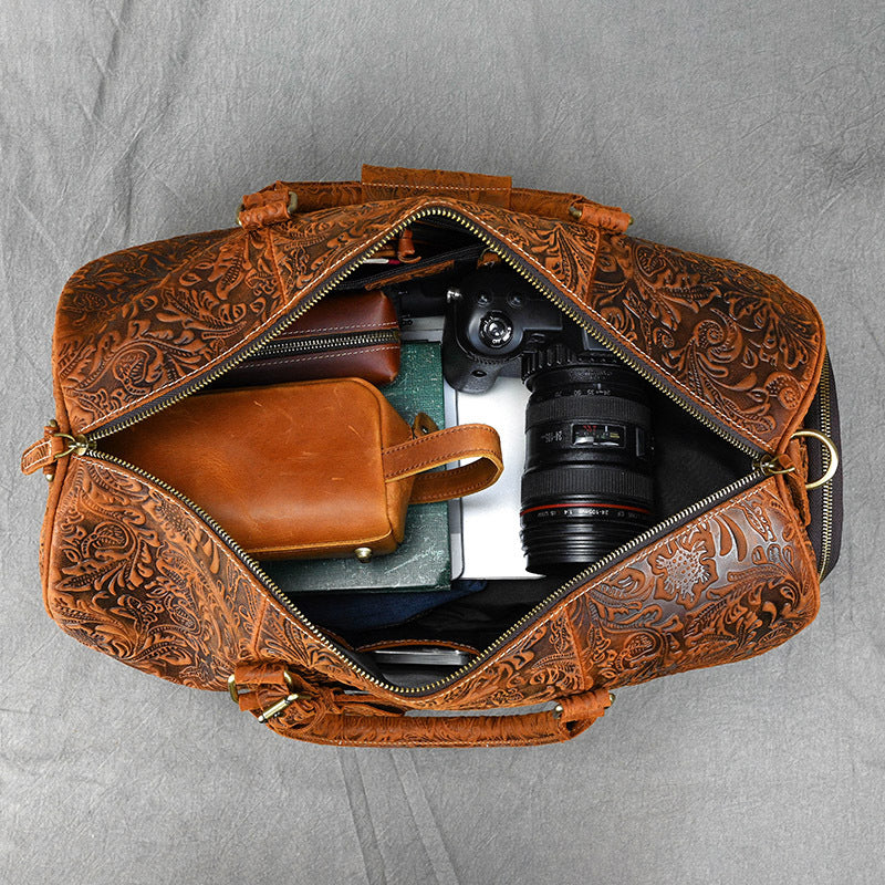New Vintage Crazy Horse Leather Duffle Bag 20 Inch Shoulder Travel Gym Weekender with Shoe Compartment