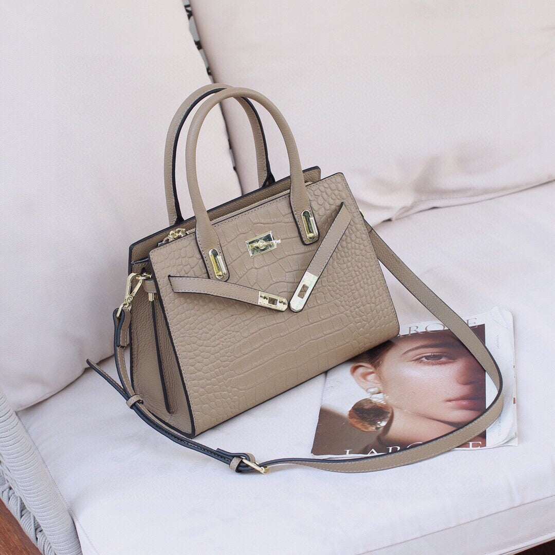 New Arrival Fall/Winter Kelly-Inspired Genuine Leather Tote Bag for Women, A Large Capacity Shoulder Crossbody Handbag with Croc-Effect & Versatile Design